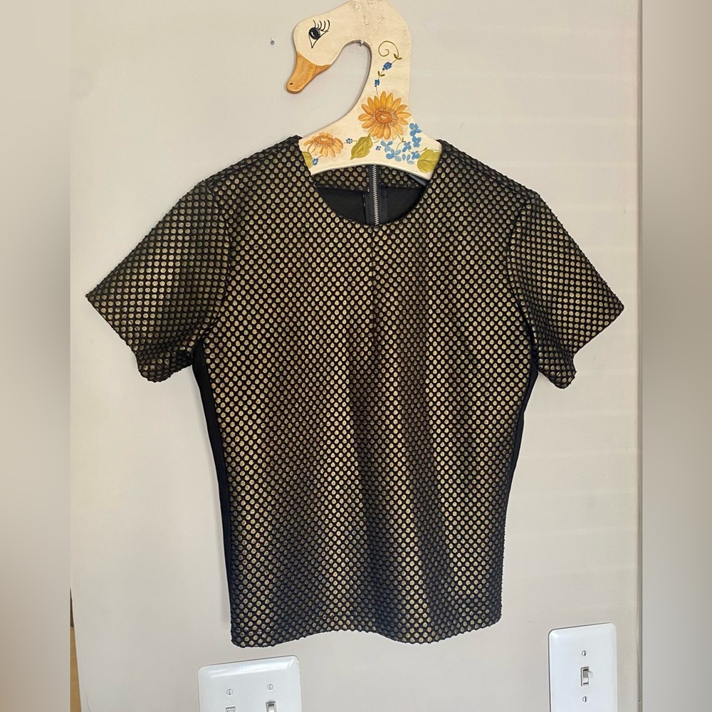 Vintage 90’s black and gold fitted top blouse body form vtg party top textured